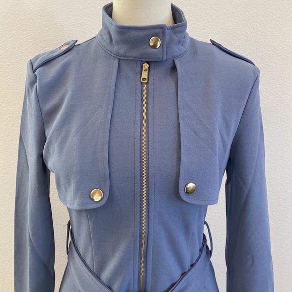 Zip Up Long Line Trench Coat Jacket, with Waist Belt, Blue - Picture 10 of 12